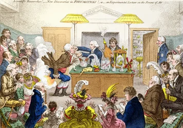 Scientific Researches! New Discoveries in PNEUMATICKS! or An Experimental Lecture on the Powers of Air, cartoon of a lecture at the Royal Institution demonstrating the effects of laughing gas